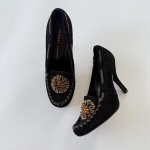 Chinese Laundry Heel Shoes Womens Size 7.5 Black Suede Rhinestone Loafer Pump